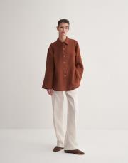 % 100 keten kesik detaylı gömlek kiremit