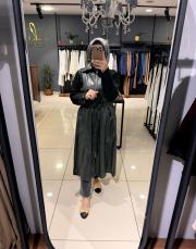 deri detaylı hırka haki