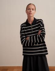 polo yaka rayon çizgili sweatshirt siyah