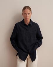 yırtmaç detaylı denim gömlek mavi