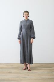 prime taşlanmış ipek brit düğmeli elbise antrasit