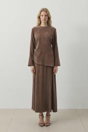 edel lyocell asimetrik verev etekli takım kahve