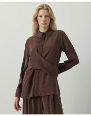 pastel taşlanmış ipek pantolonlu takım kahve