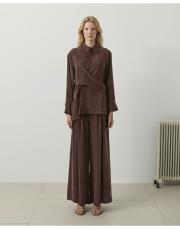 pastel taşlanmış ipek pantolonlu takım kahve 3