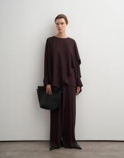 şal yaka dökümlü bluz kahve