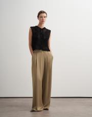 asimetrik kesim dökümlü pantolon koyu bej