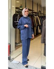 dikiş detaylı bluz indigo