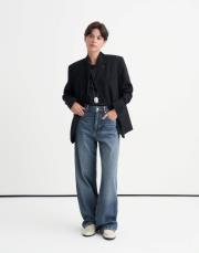 asimetrik kesim çizgili yün blazer lacivert 2